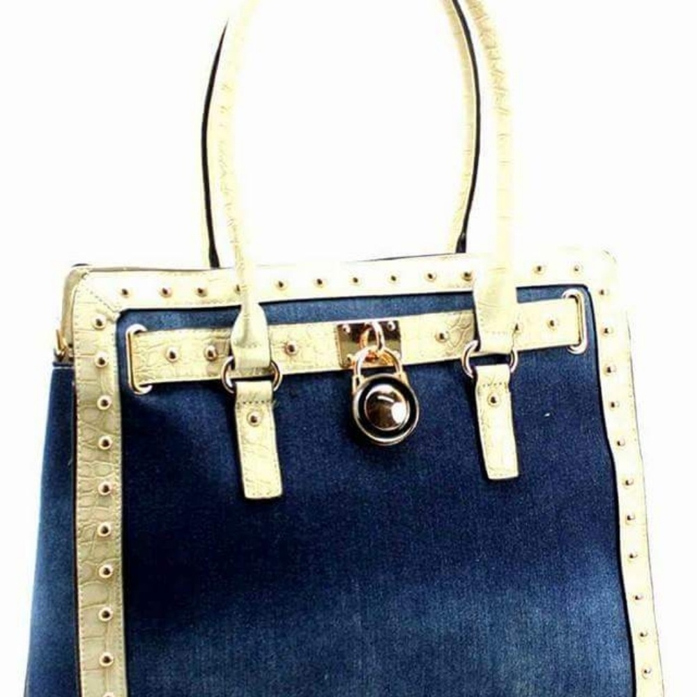 Denim Handbag with Faux Croc Leather Trimming